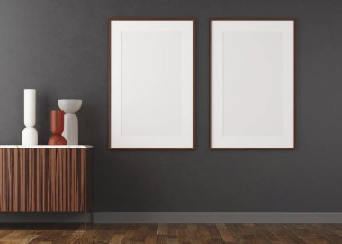 Koyu alçı duvarlı ve ahşap zeminli 3D oturma odası. Duvardaki beyaz çerçeveler. Tahta büfe dolabı