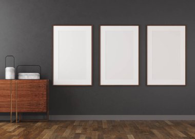 Koyu alçı duvarlı ve ahşap zeminli 3D oturma odası. Duvardaki beyaz çerçeveler. Tahta büfe dolabı