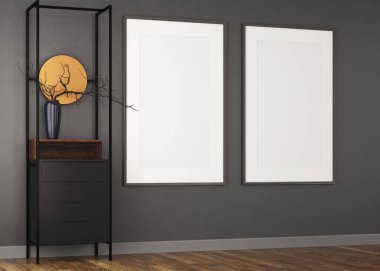 Koyu alçı duvarlı ve ahşap zeminli 3D oturma odası. Duvardaki beyaz çerçeveler. Karanlık büfe dolabı