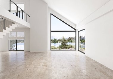 Boş alanı olan modern oturma odasının 3D görüntüsü. Yüksek tavan ve manzaraya açılan büyük pencereler. Beyaz duvarlar ve beton zemin. Tavan lambası.