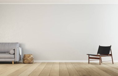 3 boyutlu modern ve minimalist oda. Ortası boş. Gri kanepe ve siyah koltuk. Alçı ışıklı duvarlar ve beton zemin. Doğal yumuşak ışık.