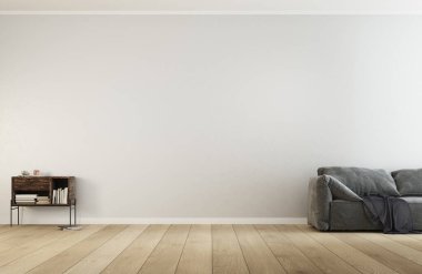 3 boyutlu modern ve minimalist oda. Ortası boş. Gri kanepe ve ahşap mobilya. Alçı ışıklı duvarlar ve beton zemin. Doğal yumuşak ışık.