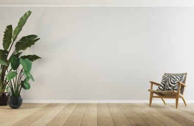 3 boyutlu modern ve minimalist oda. Ortası boş. Gri koltuk ve büyük bitkiler. Alçı ışıklı duvarlar ve beton zemin. Doğal yumuşak ışık.