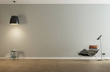 3 boyutlu modern ve minimalist oda. Ortası boş. Kahverengi deri şezlong, lamba ve dekorasyonla birlikte. Büyük tavan lambası. Alçı ışıklı duvarlar ve ahşap zemin. Doğal yumuşak ışık.
