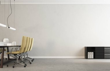 Ofis alanı 3 boyutlu. Merkezi boş, modern ve minimalist. Sarı sandalyeli ve düşük mobilyalı toplantı masası. Alçı ışıklı duvarlar ve beton zemin. Doğal yumuşak ışık.