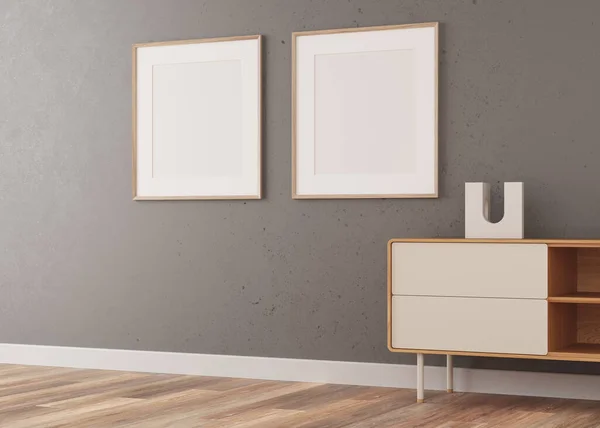 stock image 3d Render of livingroom with gray plaster wall and wood floor. White frames on the wall. Wood sideboard cabinet