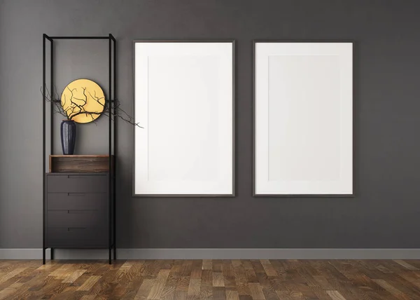 3D用深色灰泥墙和木地板装饰客厅 墙上的白色相框 深色餐具柜 — 图库照片