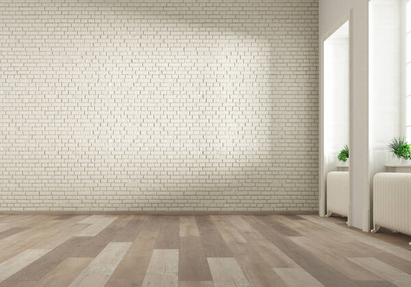 3-й Рендер пустого пространства с белой стеной и старым деревянным полом. Большие окна с естественным освещением. 