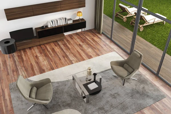 Modern Livingroom 'un 3 boyutlu portresi ve bahçeye açılan büyük pencere. Beyaz duvarlar ve ahşap zemin. Büyük gri halı ve iki koltuk..
