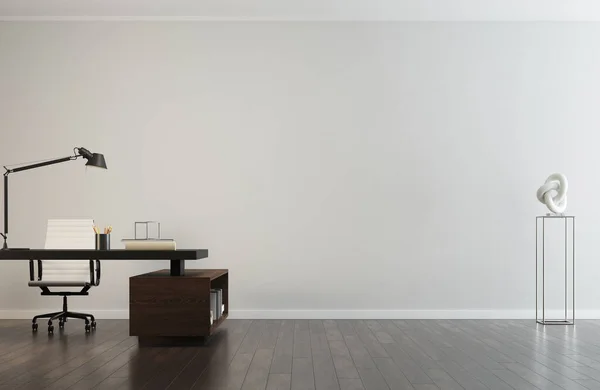 3d Render of office space modern and minimalist with empty space in the center. Table with white leather chair and sculpture. Plaster light walls and wood floor. Natural soft light.