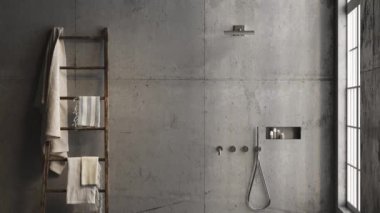 Modern Beton Duş Banyosu 'nun 3 boyutlu kopyası. Ahşap zemin ve sağında doğal ışık olan büyük bir pencere. Havlu ahşap merdiven..