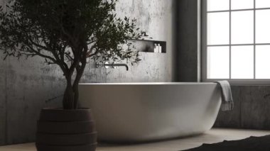 3 boyutlu modern beton banyo ve beyaz küvet. Ahşap zemin ve sağında doğal ışık olan büyük bir pencere. Küçük ağaç ve duvar lambası.