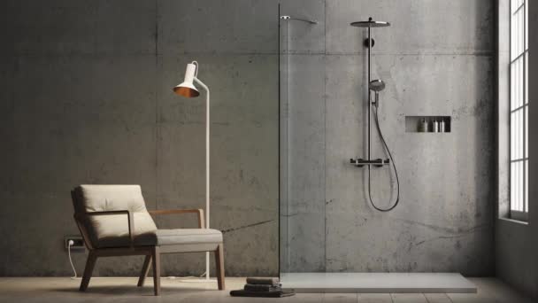 Render Modern Beton Fali Fürdőszoba Zuhanyzóval Fapadló Nagy Ablak Természetes — Stock videók