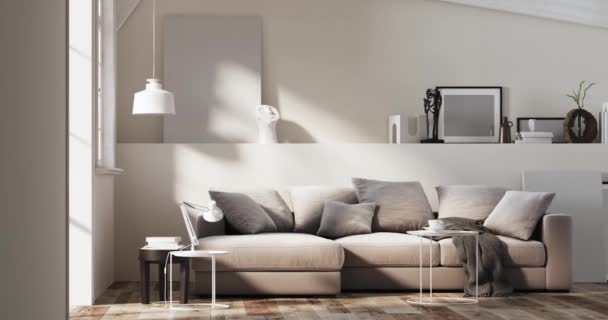 Render Livingroom White Wood Beams Потолок Серый Диван Отделка Естественный — стоковое видео