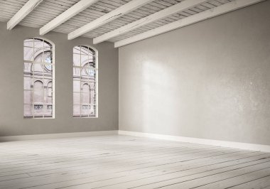 Yenilenmiş eski bir alanda modern boşluğun 3 boyutlu canlandırması. Tavanda ahşap döşeme ve beyaz tahta kirişler.