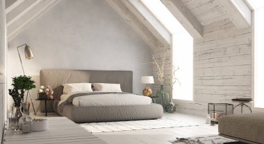 Üç boyutlu beyaz ahşap yatak odası ve gri yatak odası. Beyaz halı ve lamba. Doğal yumuşak ışık.