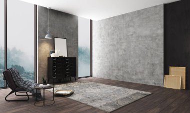 Beton duvarları ve ahşap zemini olan üç boyutlu bir boşluk. Manzaraya büyük pencereler. Doğal ışık