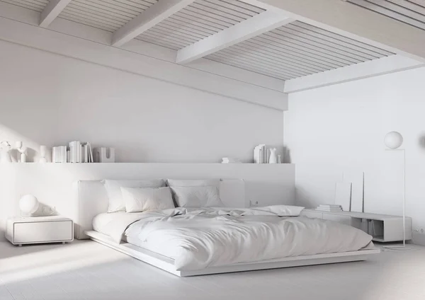 Stock image 3d Render of all in white bedroom with beams in the ceiling