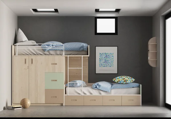 Renderizado Dormitorio Joven Con Dos Camas Pared Gris —  Fotos de Stock