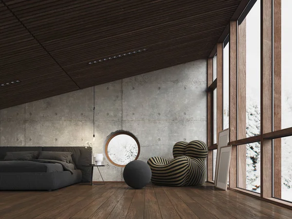 Vykreslení Moderní Betonové Stěny Ložnice Dřevěná Podlaha Velké Dřevěné Okno — Stock fotografie