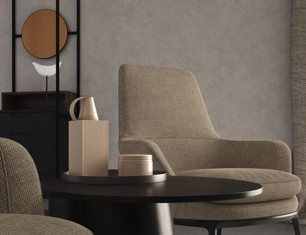 3D在黑暗的客厅里 用扶手椅把深色的木桌铺好 与空旷的空间紧密相连 软照明 — 图库照片