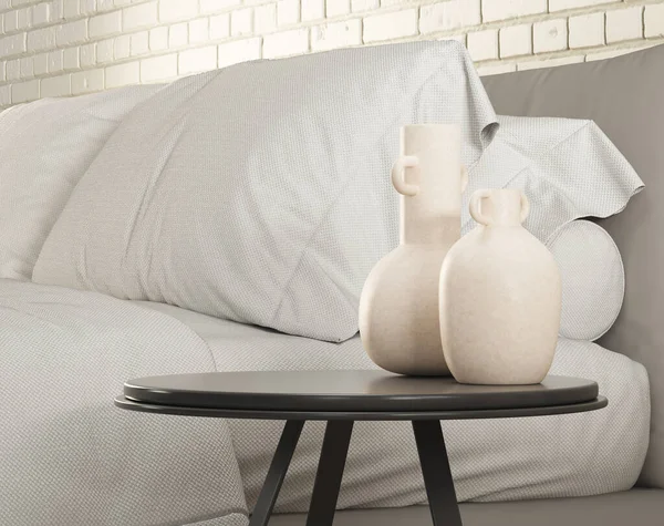 3D深色低矮桌子的渲染与花瓶紧密相连 房间里有白色的砖墙和轻床 软照明 — 图库照片
