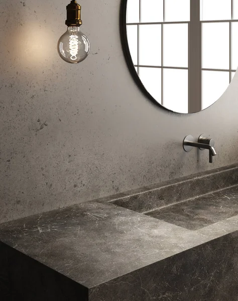 Beton Banyo Lavabosunun Boyutlu Görüntüsü Ampul Lambası Ayna Karanlık Musluk — Stok fotoğraf