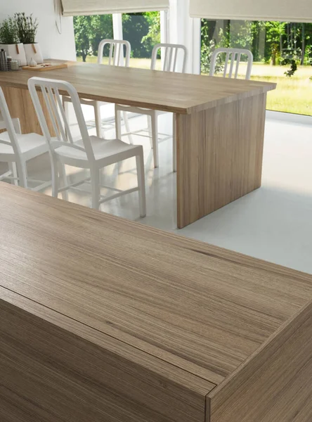 3D在有窗户可供花园的厨房里 木制厨房台面用空隙关闭 柔和的灯光 白色椅子和地板 — 图库照片
