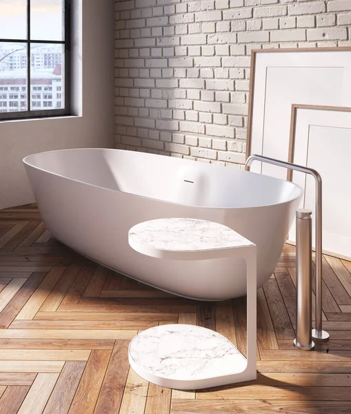 3D白色大理石低矮桌子的渲染紧贴在有木地板和白色砖墙的浴室里 白色浴缸和铬水龙头 左边窗户的柔和灯光 地板上的空框架 — 图库照片