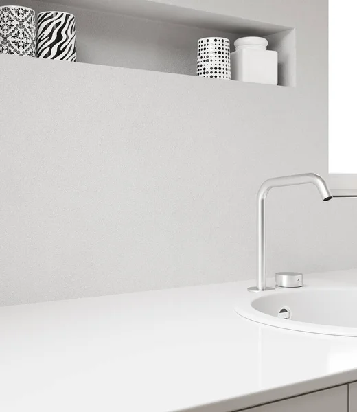 3D白色厨房台面的渲染与白色厨房中的空隙紧密相连 软照明 — 图库照片