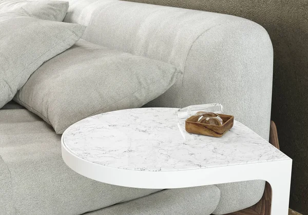 3D白色大理石低矮桌子的渲染紧贴在有灰泥墙和轻床的卧室里 软照明 — 图库照片