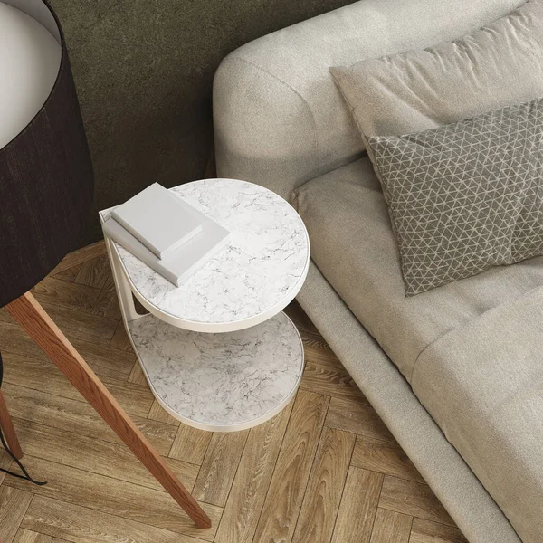 3D白色大理石低矮桌子的渲染紧贴在有灰泥墙和轻床的卧室里 木地板和灯 软照明 — 图库照片