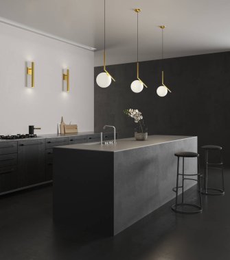 Siyah minimalist mutfak, siyah mobilyalar, beyaz tezgah ve altın tavan lambaları..