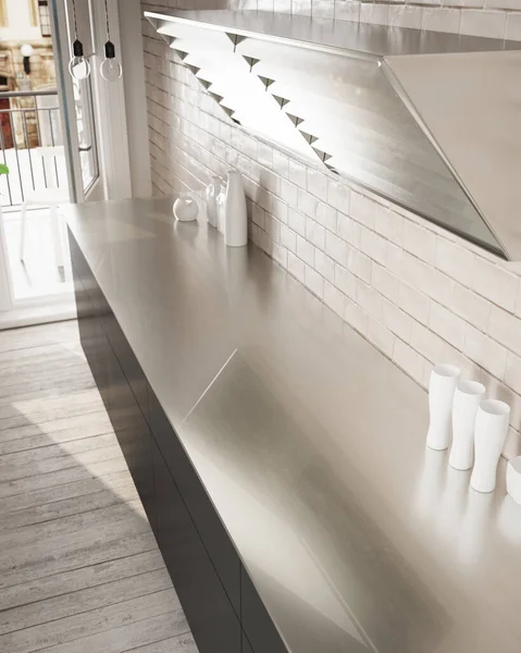 3D厨房钢制台面的渲染与下沉或滚刀的空间紧密相连 木地板 白色瓷砖墙 白色和钢制家具 天花板灯泡灯 大窗户到城市景观自然采光 — 图库照片