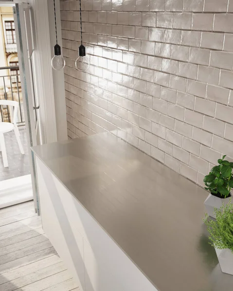 Render Kitchen Steel Countertop Close Space Sink Hob Wood Floor — Stock Photo, Image