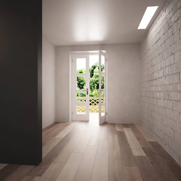 stock image 3d Render of empty space for furnitures with wood floor, white brick wall and plaster. Big window to garden with natural day lighting.