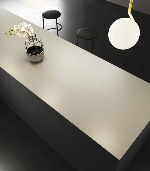 黒い家具が付いている黒いミニマリストの台所の3Dレンダー シンク 蛇口またはあらゆる目的のための空スペースが付いている白いカウンタートップ そして黄金の天井ランプ — ストック写真