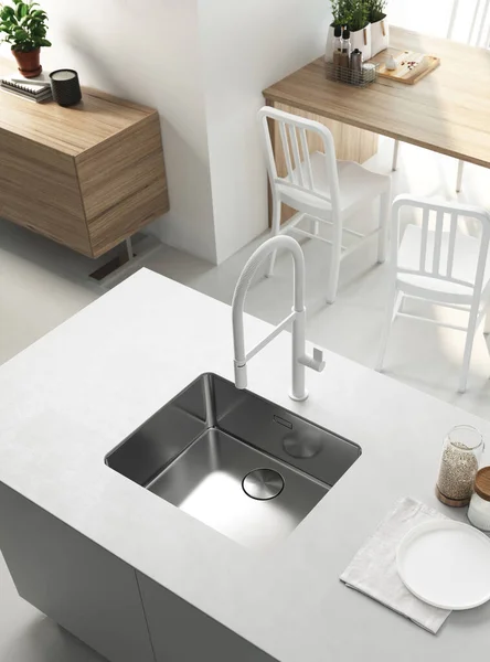 3D白色厨房的浇注 配有钢槽和白色水龙头 木制家具 自然柔和光 — 图库照片