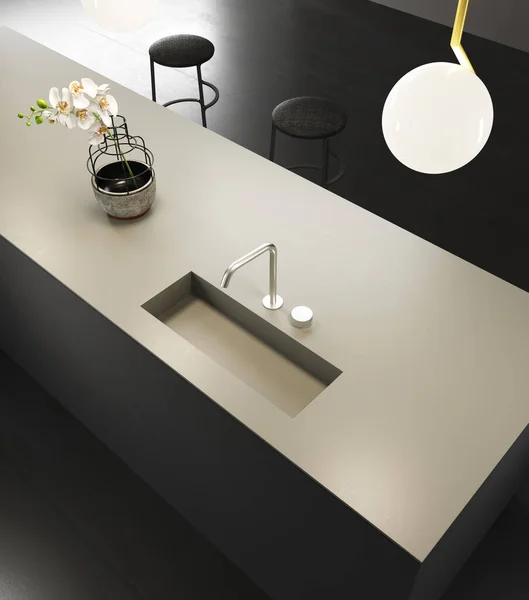 Gjengivelse Svart Minimalistisk Kjøkken Med Svarte Møbler Hvit Benkeplate Gylne – stockfoto