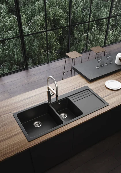 Render Van Moderne Keuken Met Zwarte Wastafel Stalen Kraan Natuurlijk — Stockfoto
