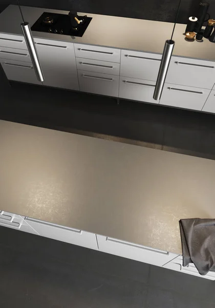 3D用黑色地板和白色家具装饰现代厨房 轻便的台面 有可容纳水槽和水龙头的空空间 — 图库照片