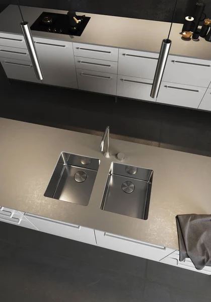 3D用黑色地板和白色家具装饰现代厨房 轻便台面 带有钢制水槽和水龙头 — 图库照片
