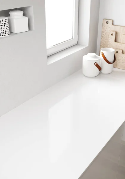 白い家具を備えたモダンなキッチンの3Dレンダー シンク 蛇口またはホブのための空スペースが付いている白いカウンタートップ — ストック写真