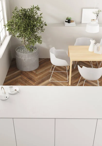 木製の床と白い家具を備えたモダンなキッチンの3Dレンダリング シンク 蛇口またはホブのための空のスペースが付いている白いカウンタートップ 椅子と小さなインテリアツリー付きのテーブル — ストック写真