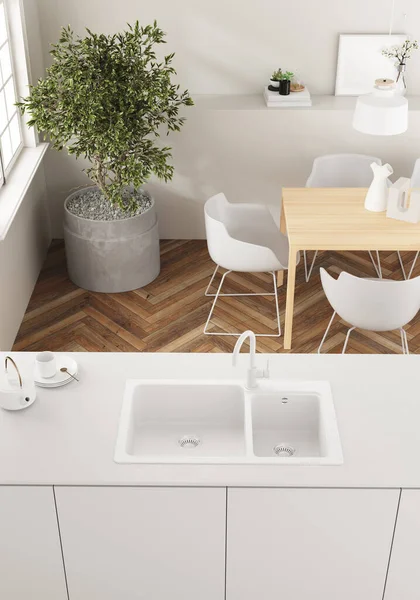 木製の床と白い家具を備えたモダンなキッチンの3Dレンダリング シンクと蛇口が付いている白いカウンタートップ 椅子と小さなインテリアツリー付きのテーブル — ストック写真
