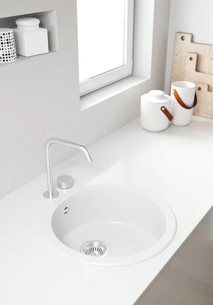 3D用白色家具装饰现代化厨房 白色台面 有水池和水龙头 — 图库照片