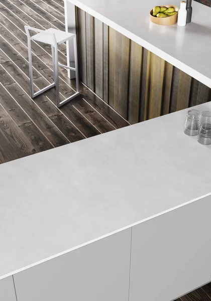 3D用木地板和家具装饰现代化厨房 水龙头或滚筒的白色台面 有空隙 — 图库照片