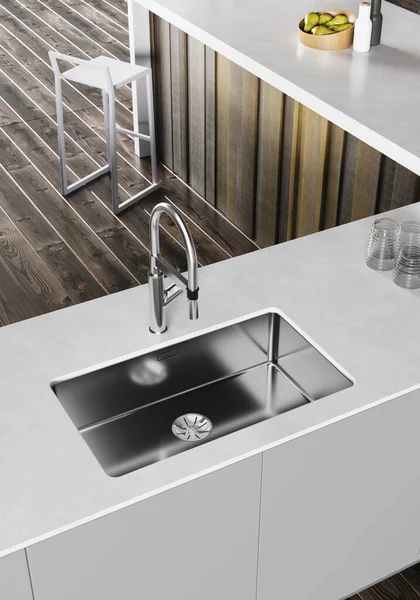 3D用木地板和家具装饰现代化厨房 白色台面 配有钢制水槽和水龙头 — 图库照片
