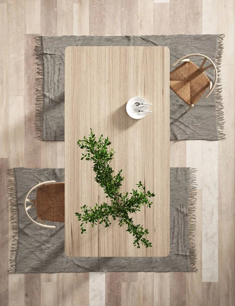 stock image 3d Render of modern kitchen with wood floor, table and chairs with plant. Top view. Natural soft lighting