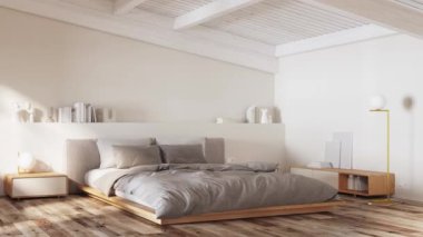 3 boyutlu beyaz yatak odası ahşap zemin ve tavanda beyaz tahta kirişler, yastıklı gri yatak..